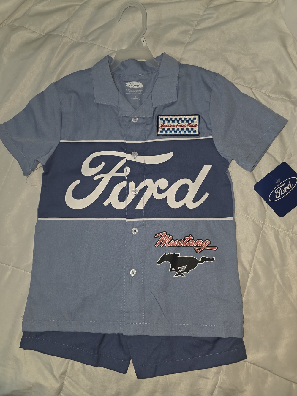 Ford Light Blue and Navy Mustang Button-Front Kids Shirt